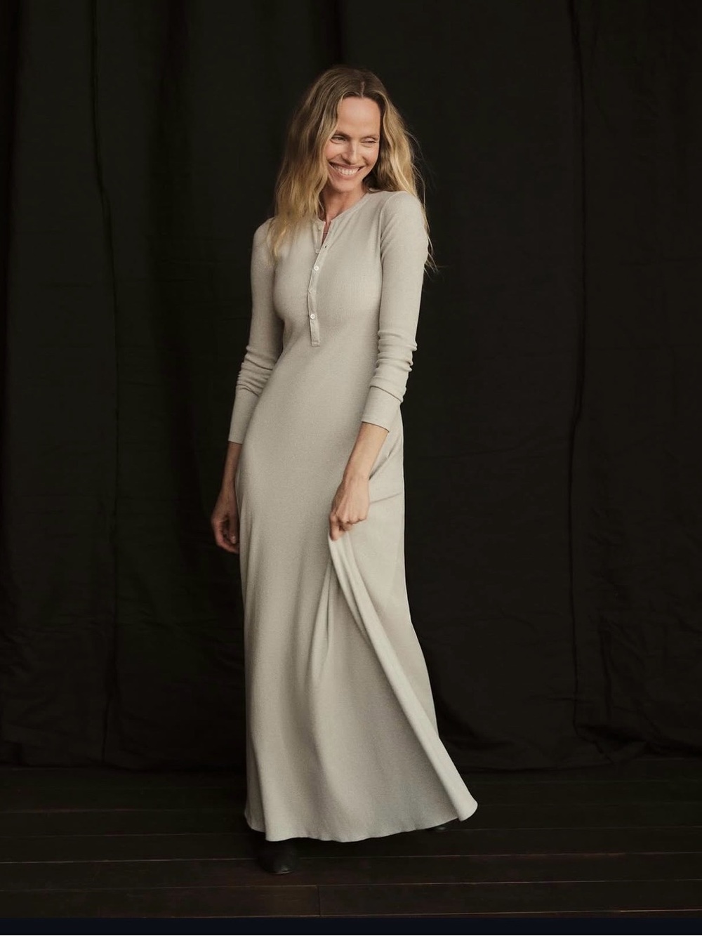 Buck Mason Long Sleeve Henley Maxi Dress in Light grey